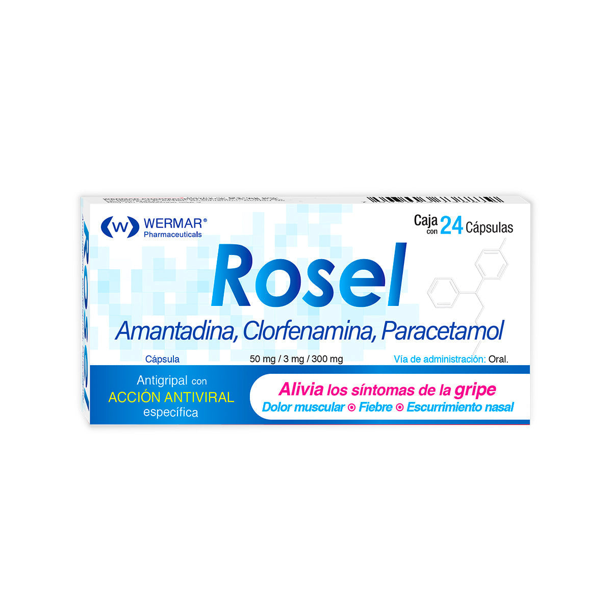 Rosel 50mg/3mg/300mg C/24 Capsulas (Amantadina/Clorfenamina/Paracetamol) Wermar